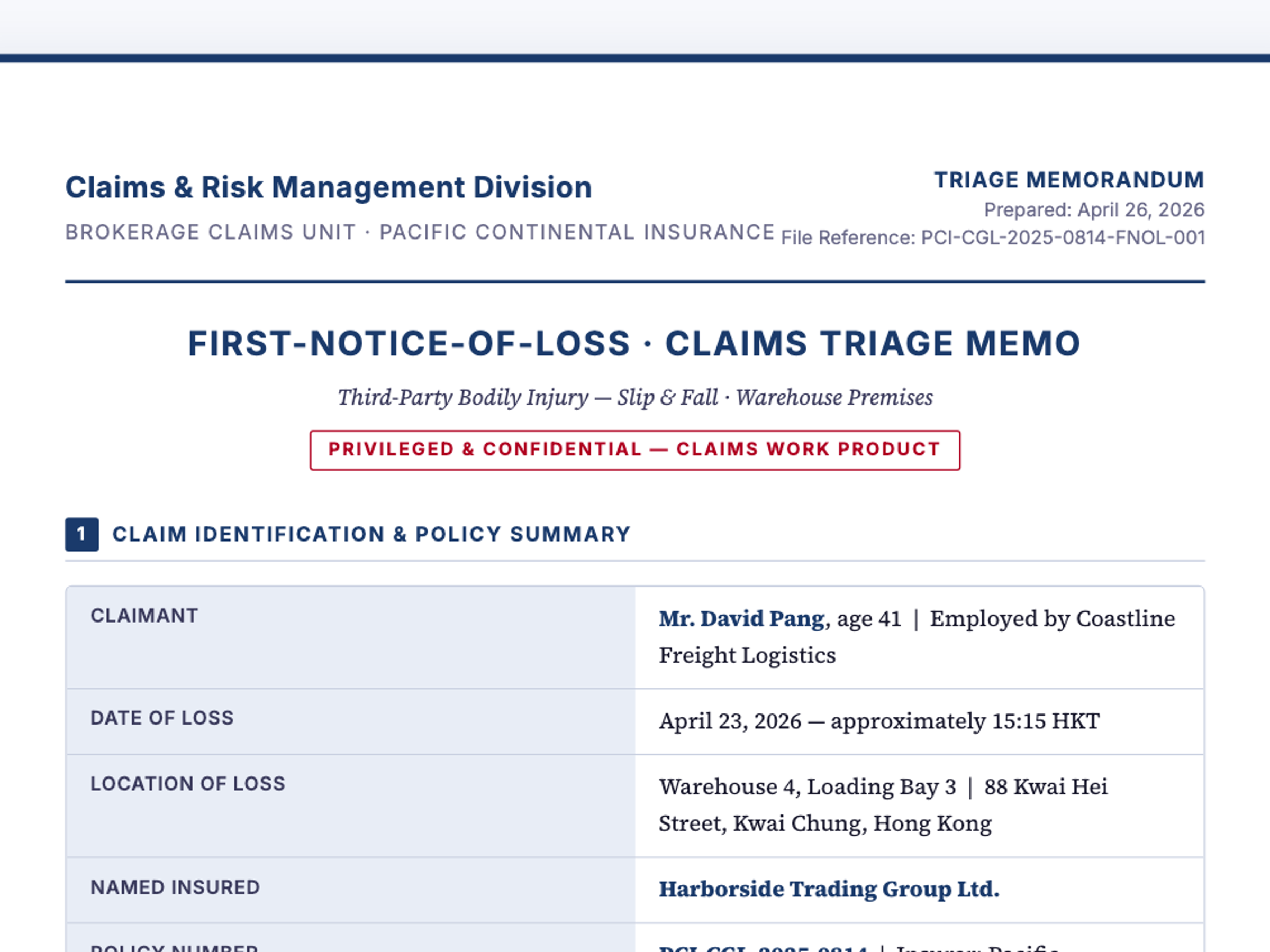 First-Notice-of-Loss Summary