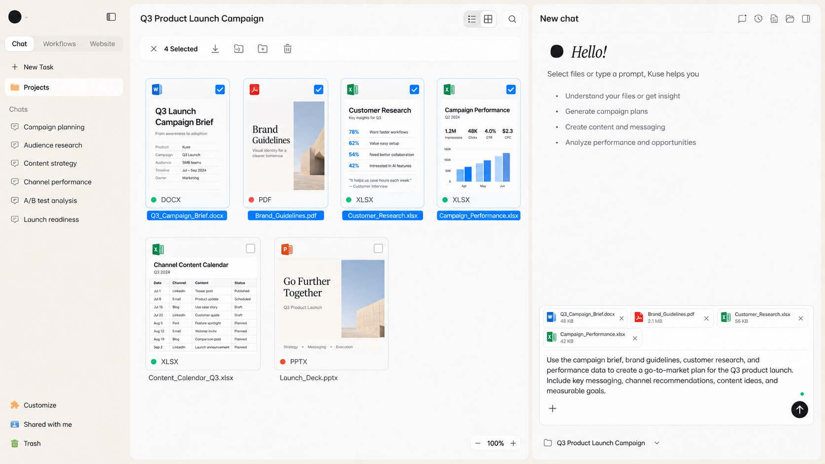 Kuse workspace with a product launch brief, brand guidelines, customer research, and campaign performance selected to create a go-to-market plan