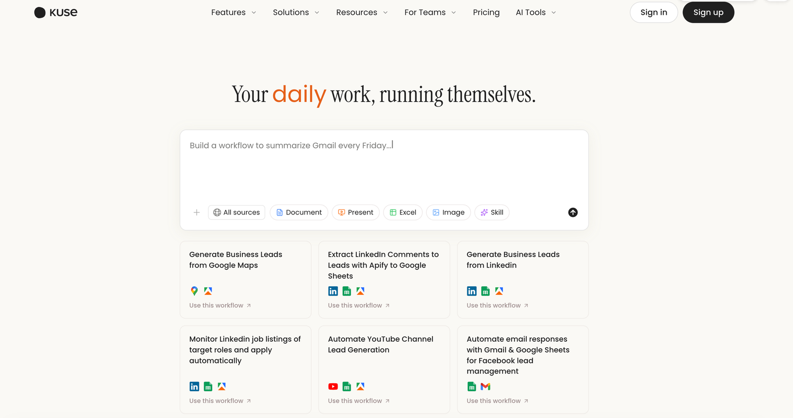 Kuse AI workflow tool interface